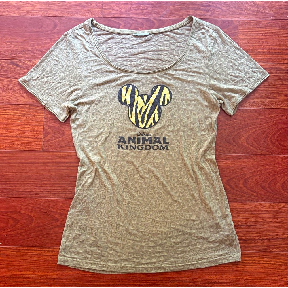 Disney Mickey Mouse Animal Kingdom Animal Print Scoop Neck Cotton Tee S Beige